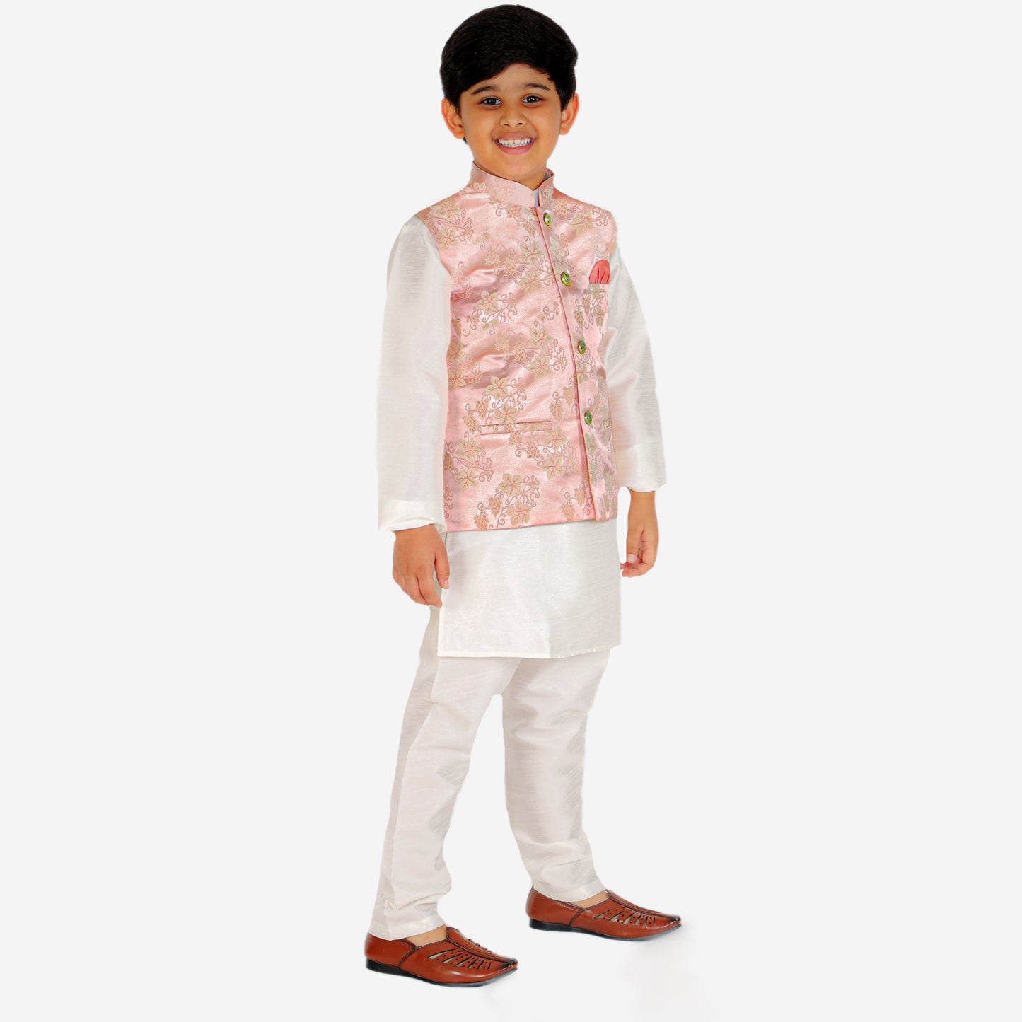 Pro Ethic Kurta Pajama For Boys With Waist Coat Silk Floral Peach (S-209)