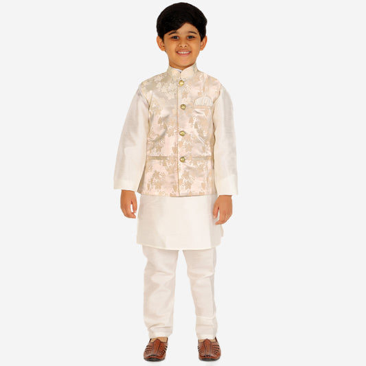 Pro Ethic Kurta Pajama For Boys With Waist Coat Silk Floral Cream (S-209)