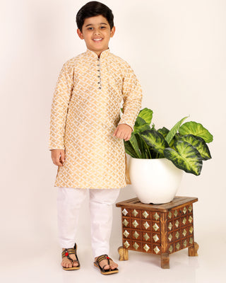 Pro Ethic Boys Kurta Pajama & Waistcoat Set Silk Chicken Design Brown (S-177)