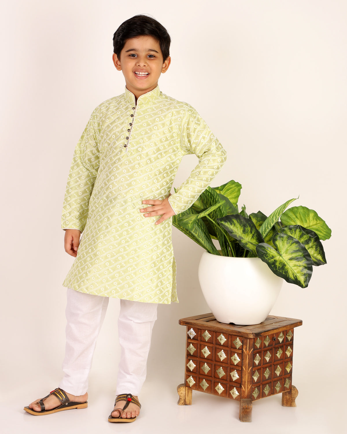 Pro Ethic Boys Kurta Pajama & Waistcoat Set Silk Chicken Design Green (S-177)