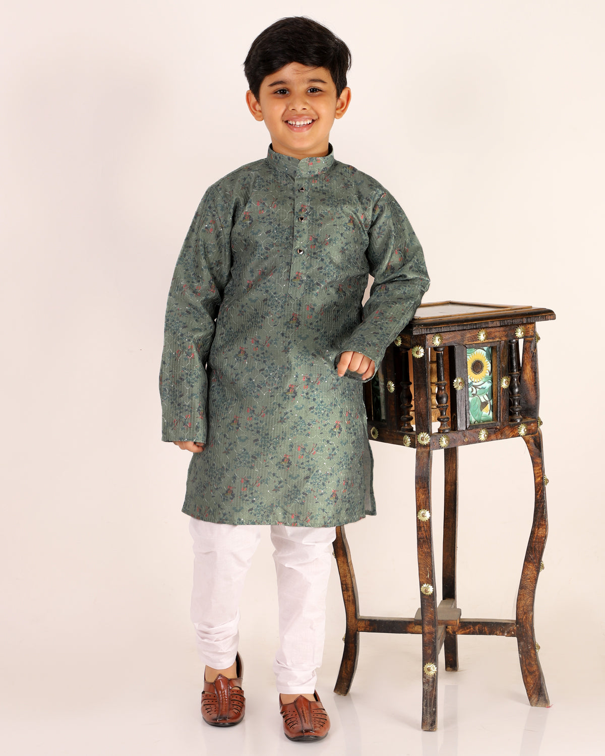 Pro Ethic Boys Kurta Pajama Set Silk Embellished Design Green (S-172)