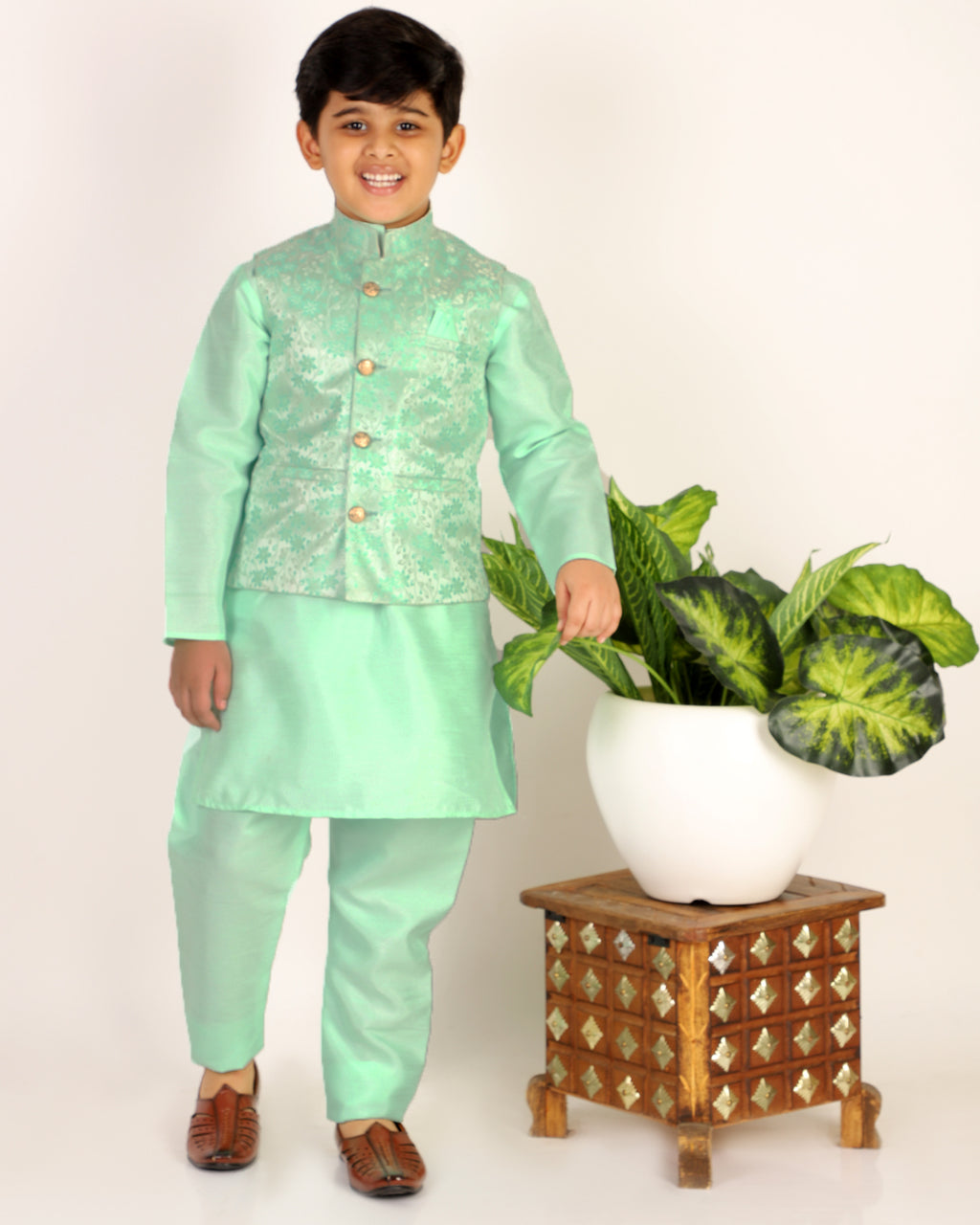 Pro Ethic Boys Kurta Pajama & Waistcoat  Set Silk Floral Design Green (S-176)