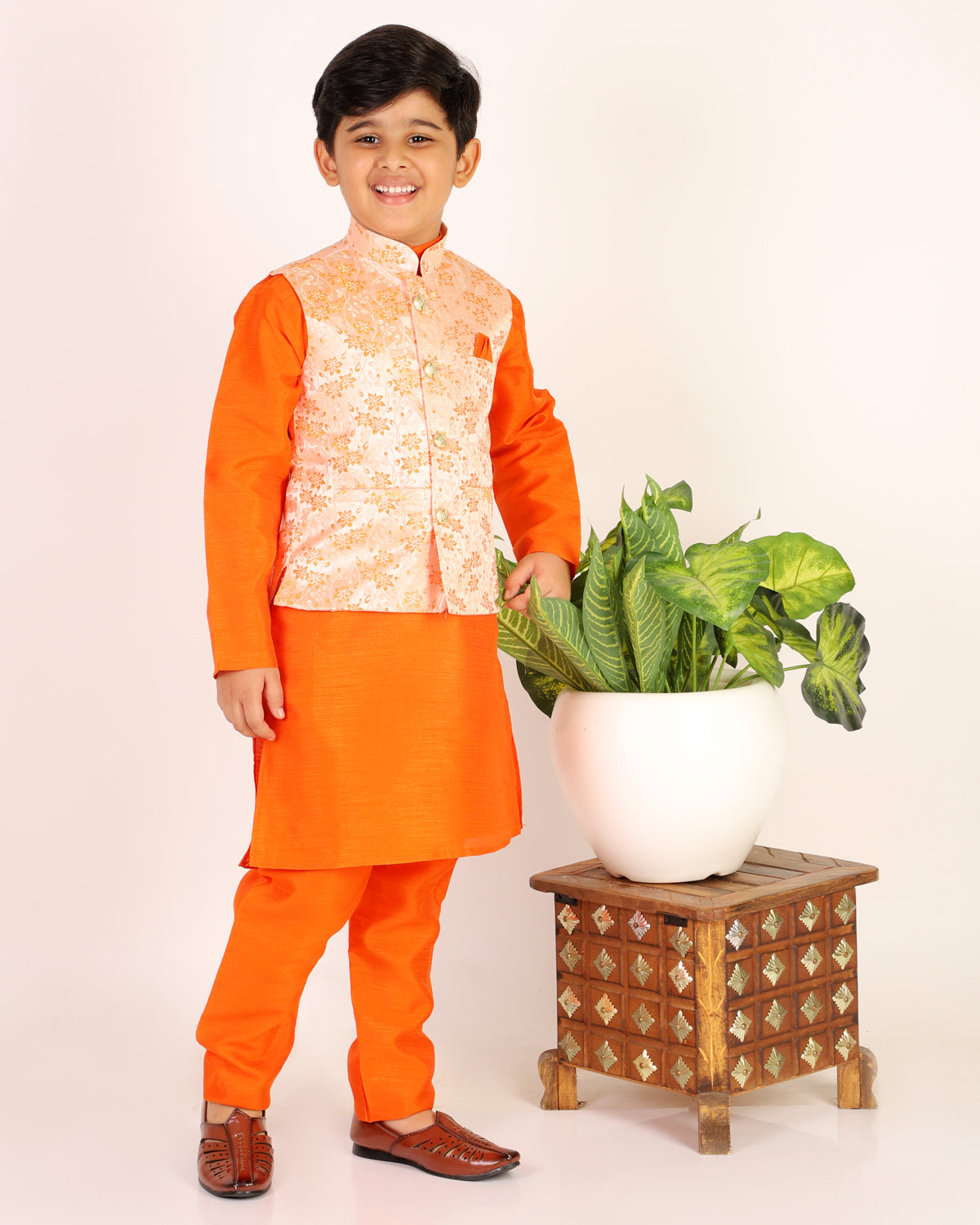 Pro Ethic Boys Kurta Pajama & Waistcoat  Set Silk Floral Design Orange (S-176)