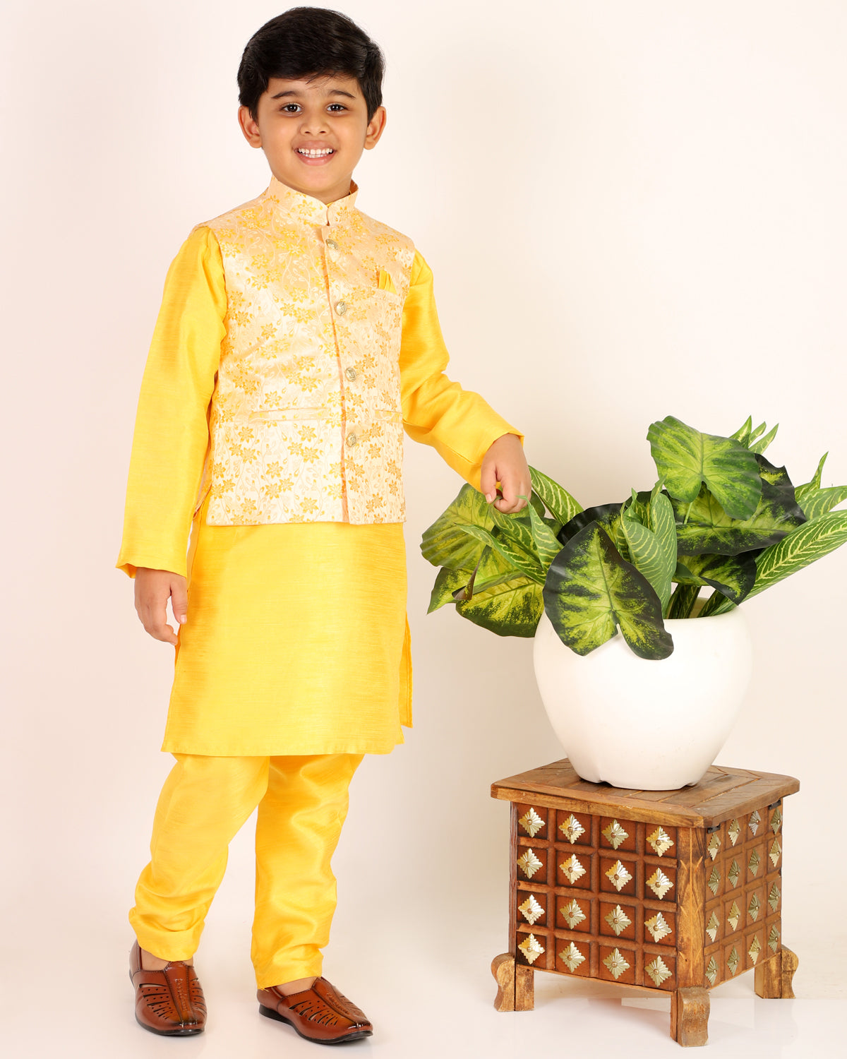 Pro Ethic Boys Kurta Pajama & Waistcoat Set Silk Floral Design Yellow (S-176)