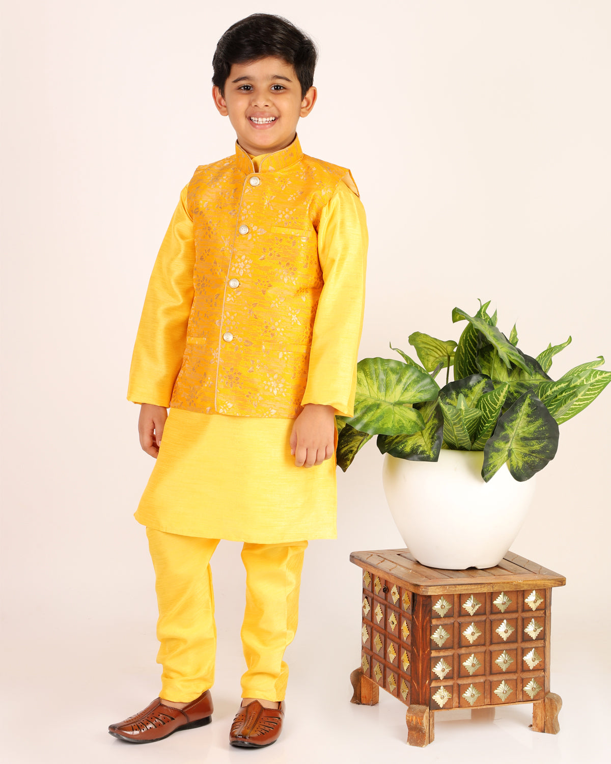 Pro Ethic Boys Kurta Pajama & Waistcoat  Set Silk Floral Design Yellow (S-175)