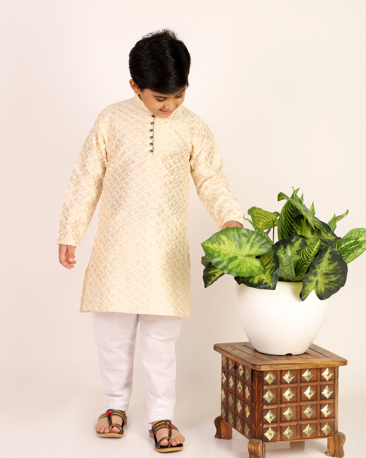 Pro Ethic Boys Kurta Pajama & Waistcoat Set Silk Chicken Design Cream (S-177)