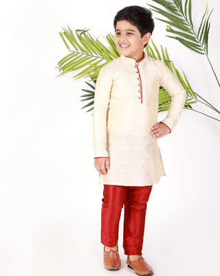 Cream Boys Ethnic Wear Kurta Pajama Silk Embellished - Pro Ethic