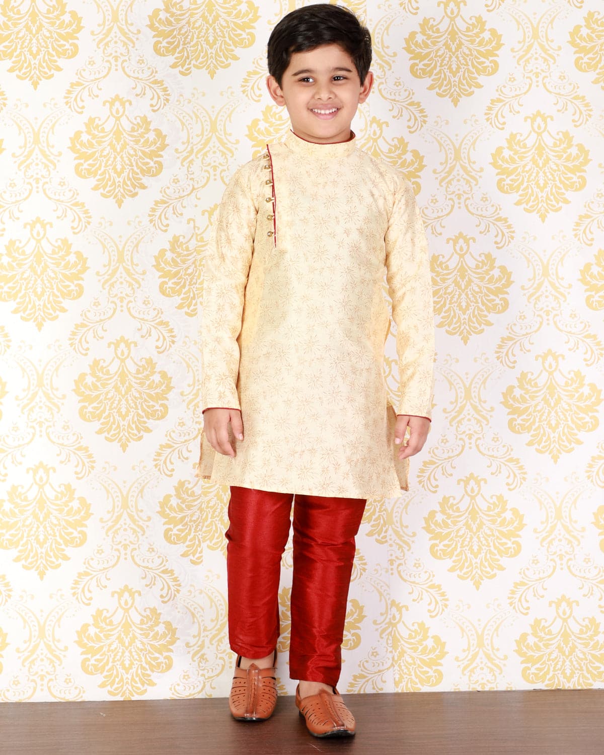 Pro Ethic Cream Boys Ethnic Wear Kurta Pajama Silk  Embellished