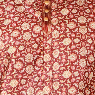 Pro-Ethic Men's Kurta Pajama Silk | Mandarin Collar | Floral Print | Maroon (A-110)