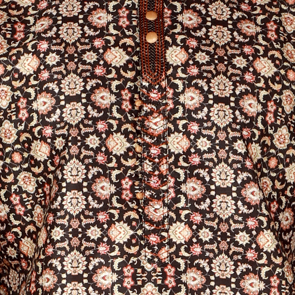 Pro-Ethic Men's Silk Kurta Pajama | Mandarin Collar | Floral Print | Black (A-110) Pro Ethic