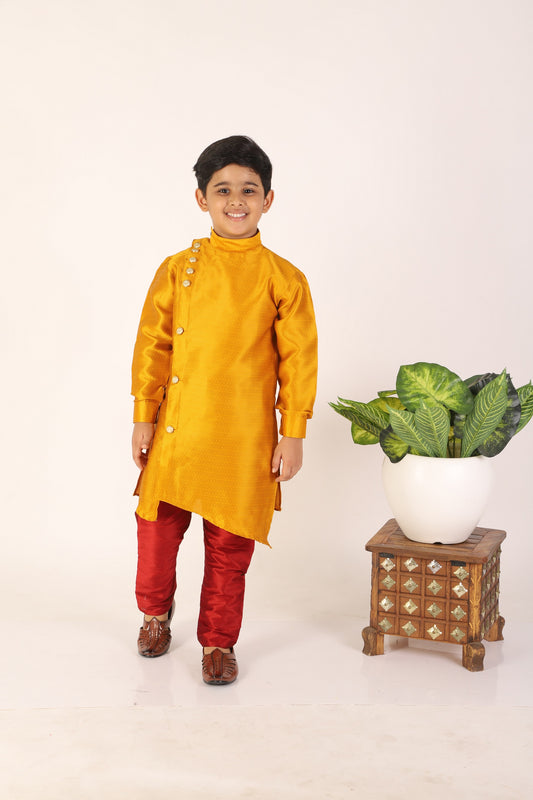 Pro Ethic Boy's Silk Jacquard Style Mustard Kurta Pajama Set (S-162)