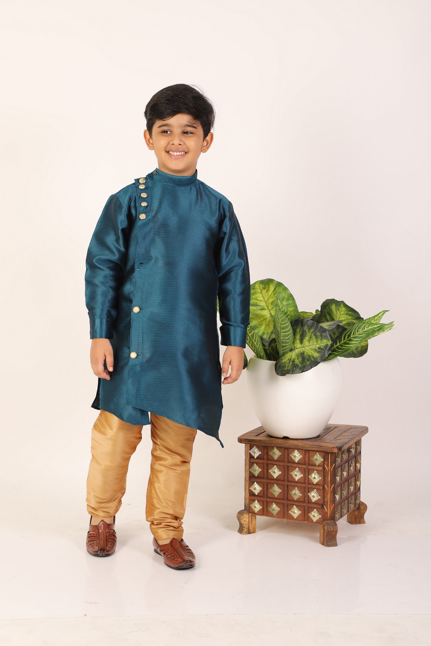 Pro Ethic Boy's Silk Jacquard Style Teal Green Kurta Pajama Set (S-162)