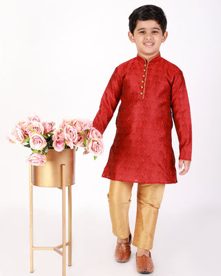 Red Kurta Pajama Boys Ethnic Wear Silk Embellished - Pro Ethic