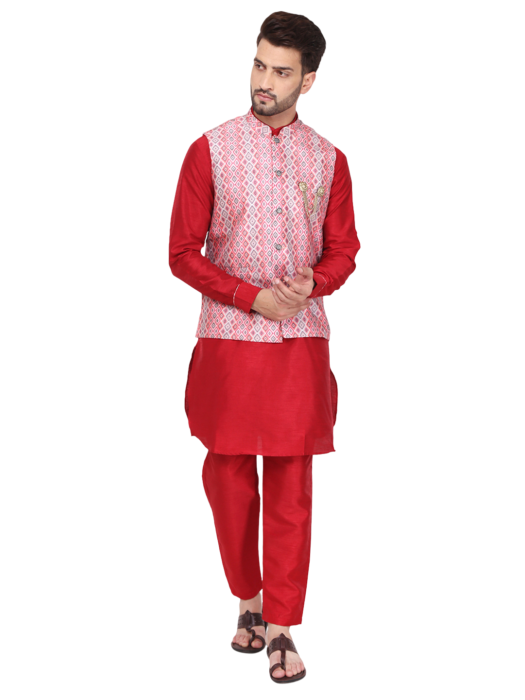 Pro-Ethic Silk Kurta Pajama With Jacket For Men | Red (C-102)